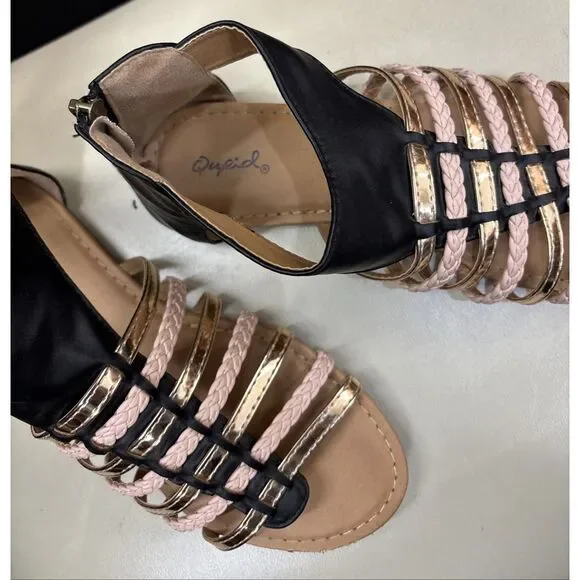 Qupid Gladiator Sandals Women's 6.5 Black Gold Pink Braided Flat Zip - Picture 6 of 7